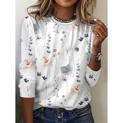 Tricou cu gât cu imprimeu floral, Top casual cu mânecă lungă pentru primăvară și toamnă, îmbrăcăminte pentru femei