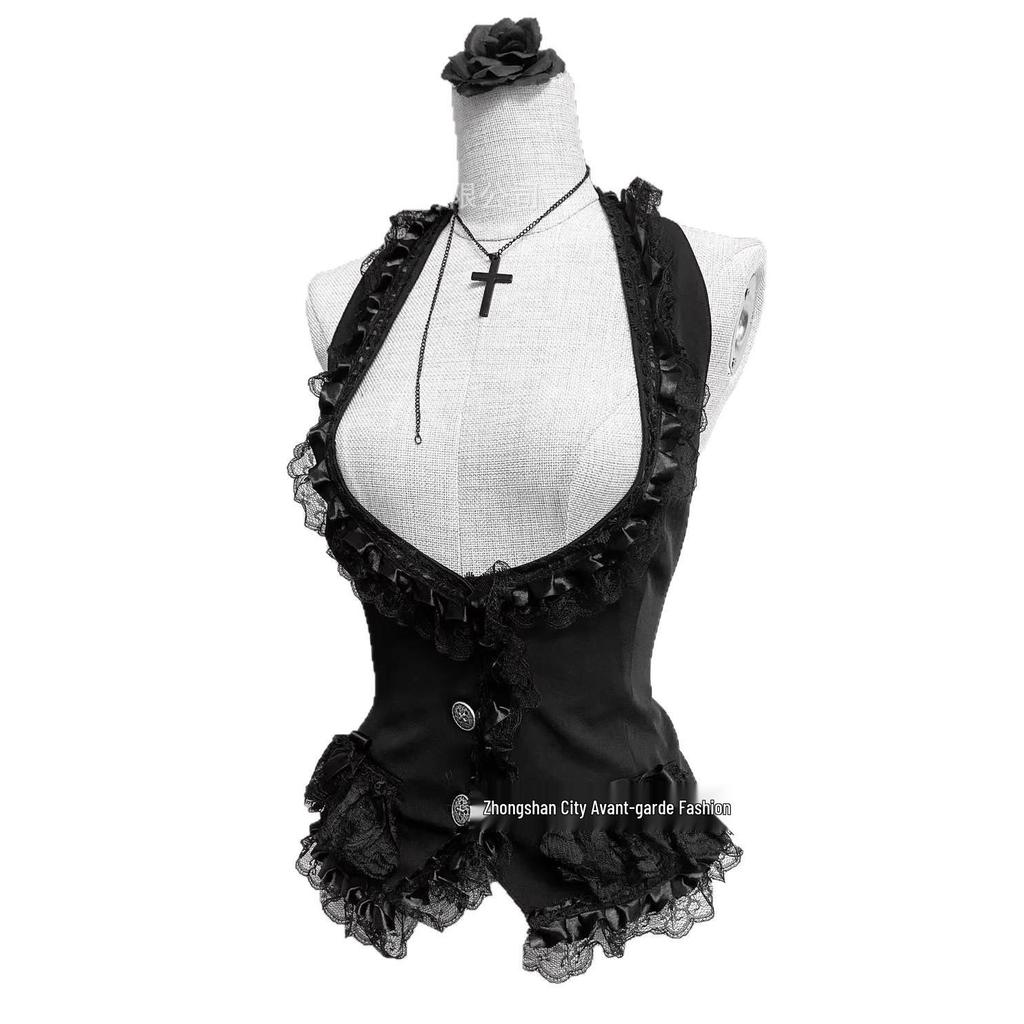 Women's Gothic Black Lace Halter Top: Slimming, Waist-Cinching, Sleeveless, Chic Dark Aesthetic