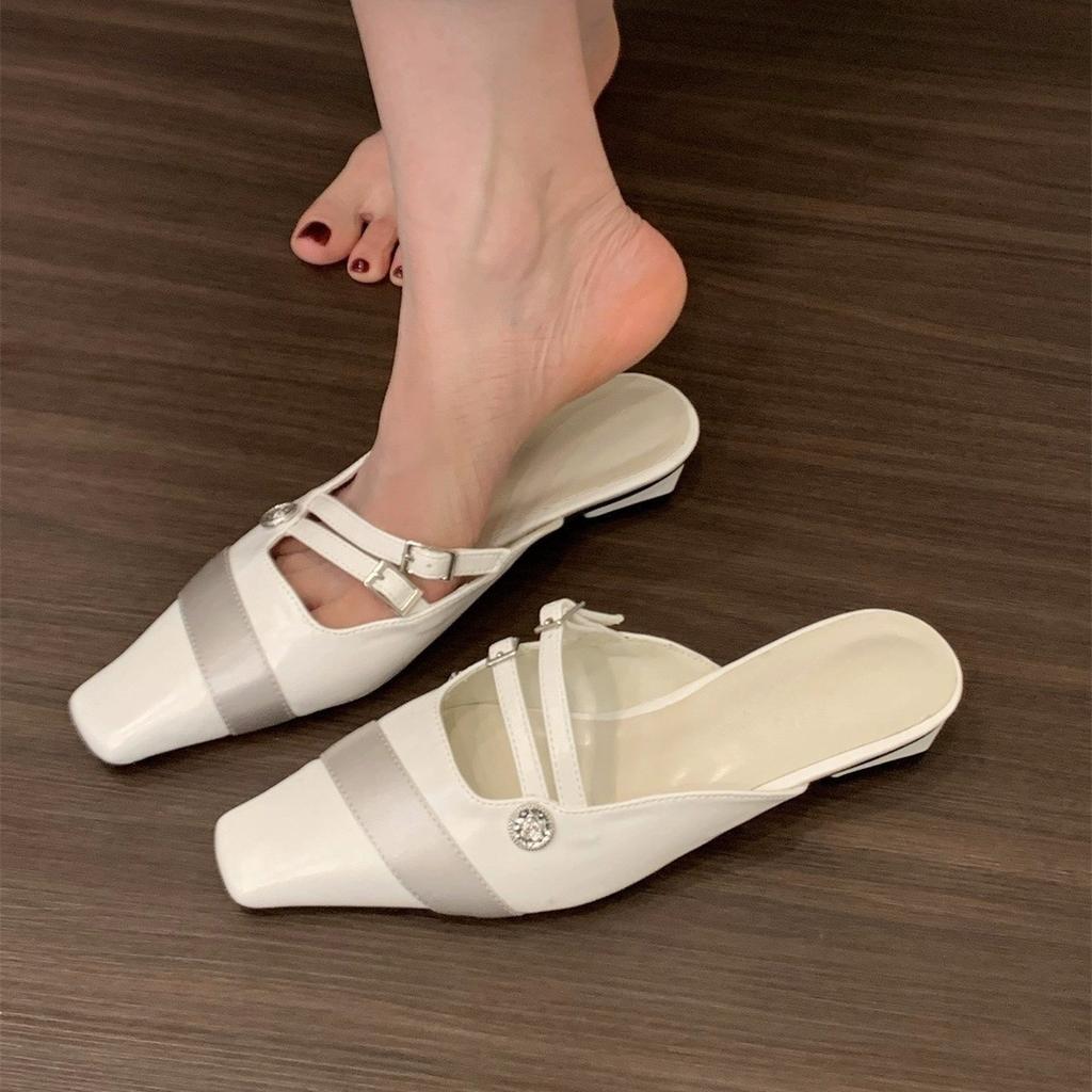 Coarse-heeled silver bag head, half slippers, fairy shoes, 2025 new spring and summer French temperament, half-tray single shoes