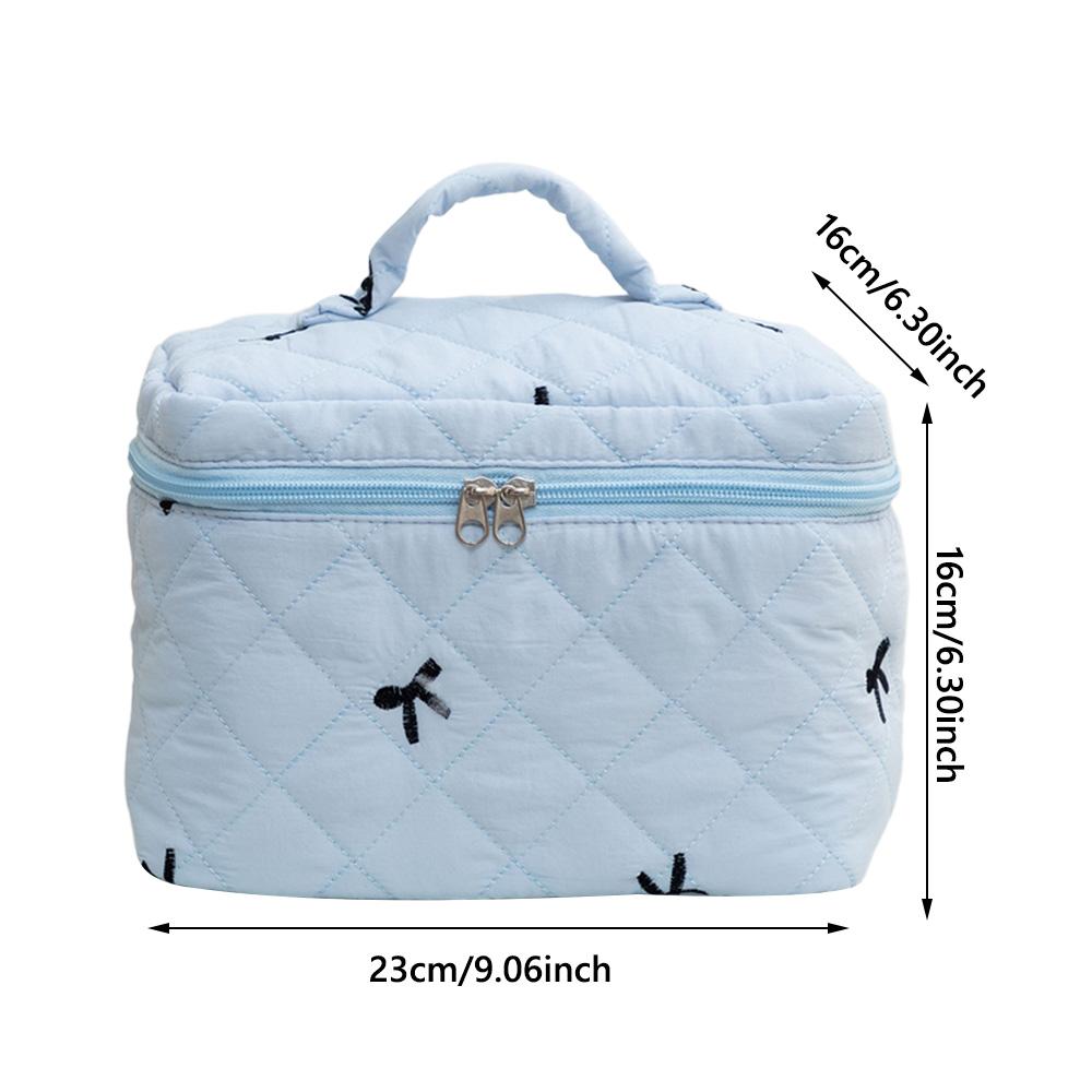 Cute Large Quilted Makeup Bag Embroidered Bow Travel Handheld Cosmetic Bag Coquette Aesthetic Toiletry Bag for Women Girls
