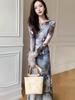 Elegant French-Inspired Ink Painting Dress with Bell Sleeves and Butterfly Waist-Cinching Design