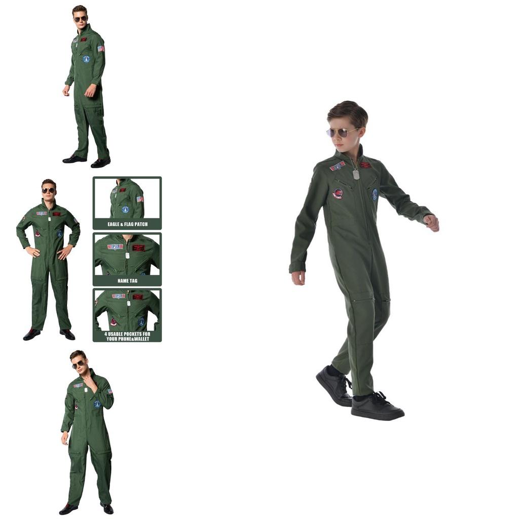 Top Gun pilots tērps Halloweena kostīms bērniem un pieaugušajiem Maverick Cosplay tērps ar saulesbrillēm un vārda zīmi