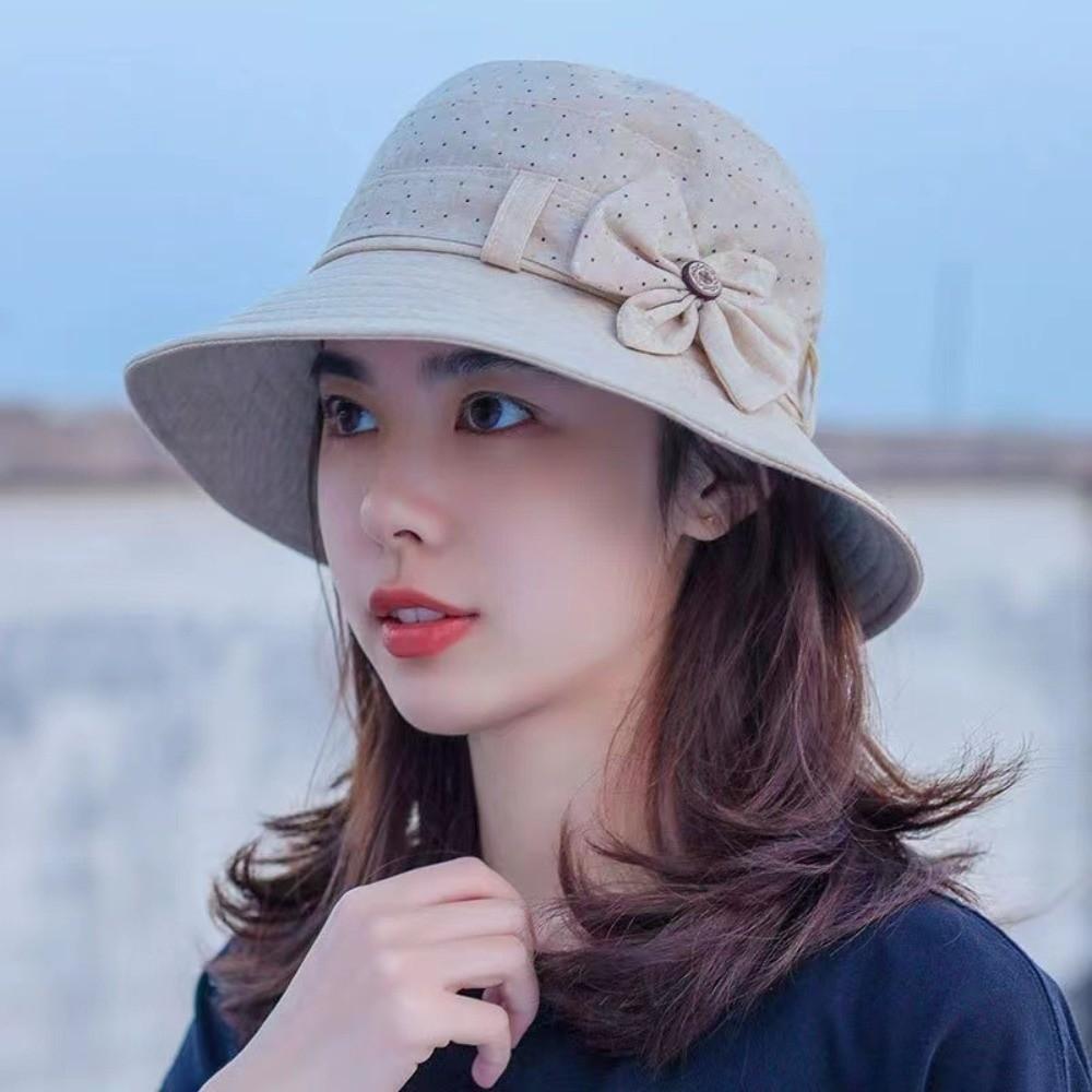 

Thin Bucket Hat Button Elderly People s Large Brim Cap Bow Fisherman Hat Spring Summer Season бежевий