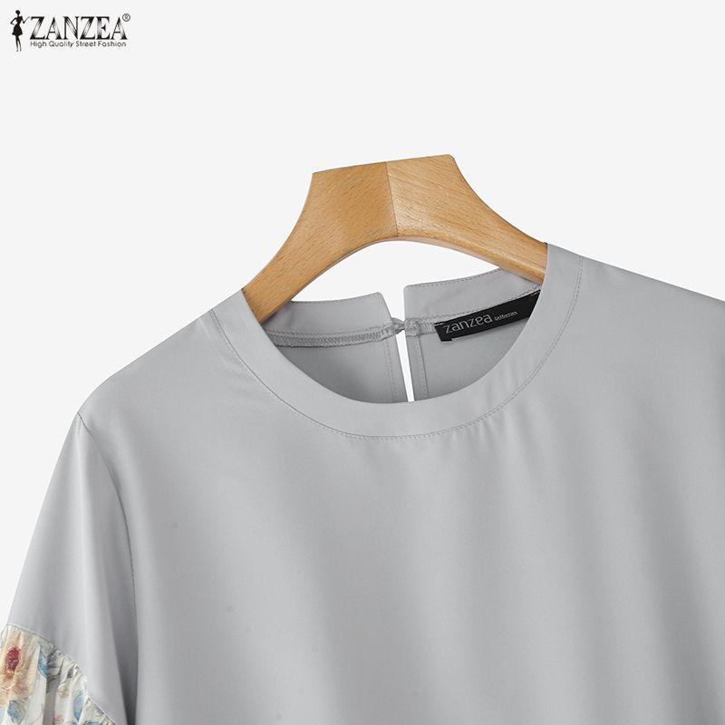 ZANZEA Women Print Splice 3/4 Sleeve Loose Casual O-neck Blouse