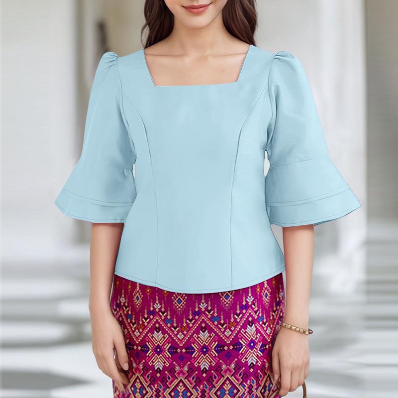 ZANZEA Women Casual Square Collar Flare Half Sleeve Summer Blouse