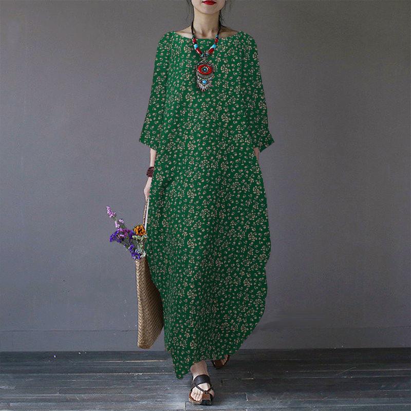 ZANZEA Women Floral Print Casual Round Neck 3/4 Sleeve Cotton Dress
