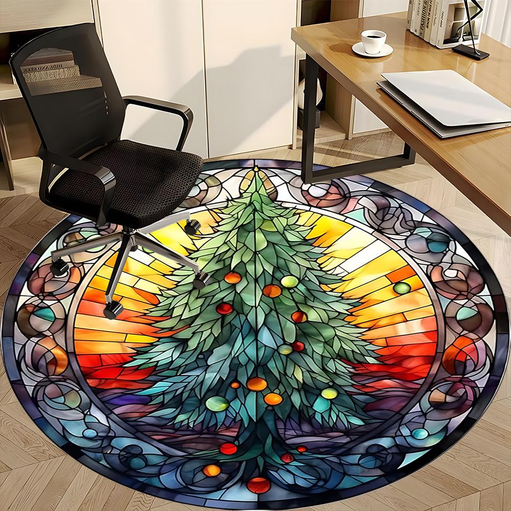 1pc Christmas Tree Stained Glass Office Round Area Rug, Indoor Mat Suitable ForOffice, Under Office Chairs Bedroom Living Room Home Decor, Room Deco