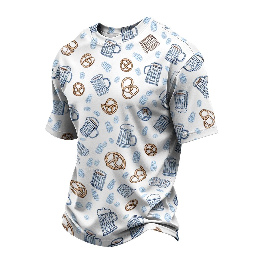 Men's Casual Quick Dry Crew Neck Lightweight Mesh Breathable Short Sleeve Shirt with Beer Festival Pattern Suitable for Summer Outdoor Activities