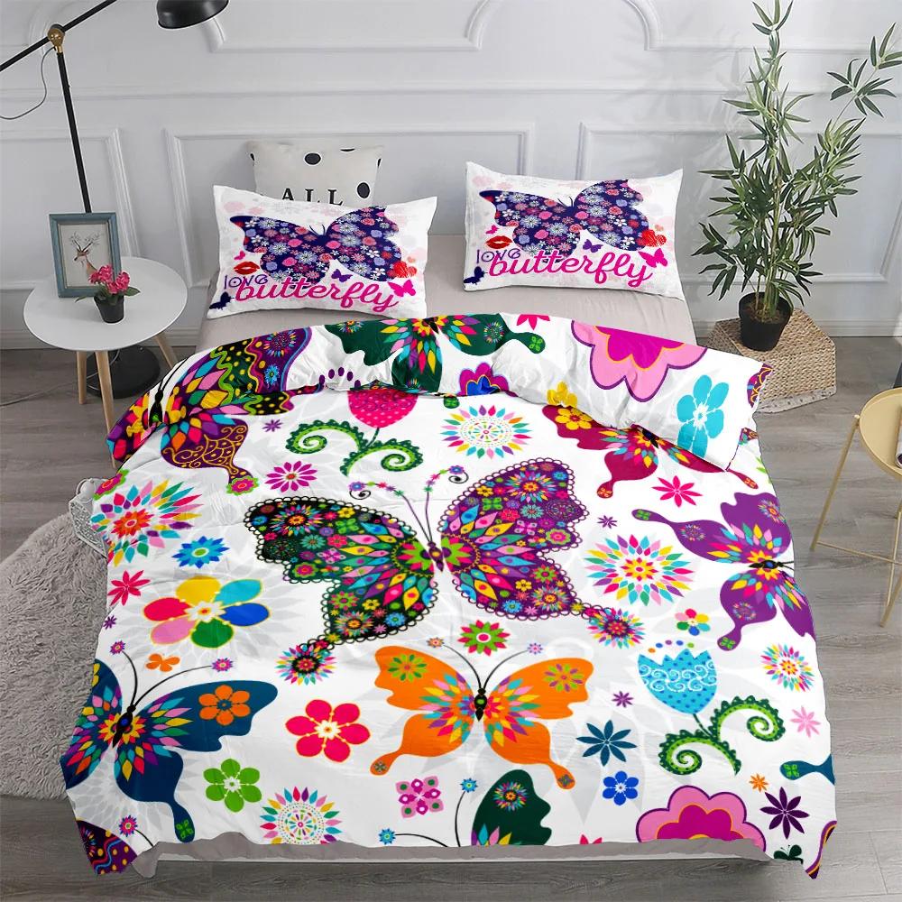 3pcs Neon Butterfly Girl Duvet Cover Set EU Single Double King US Twin Full Queen Size  Bed Linen Set Washed Cotton Duvet Cover