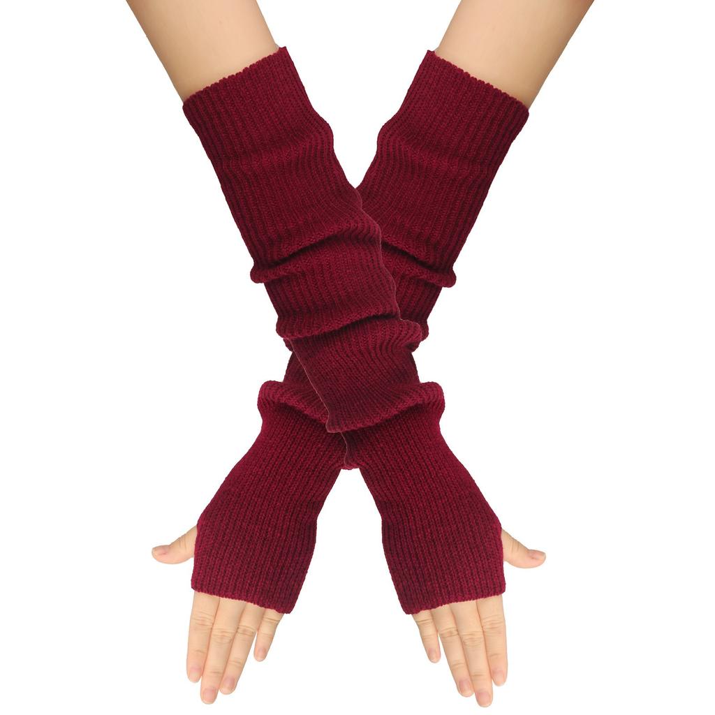 Women's Winter Warm Wool Gloves, Fingerless Long Sleeves, Solid Color, Extended Gloves