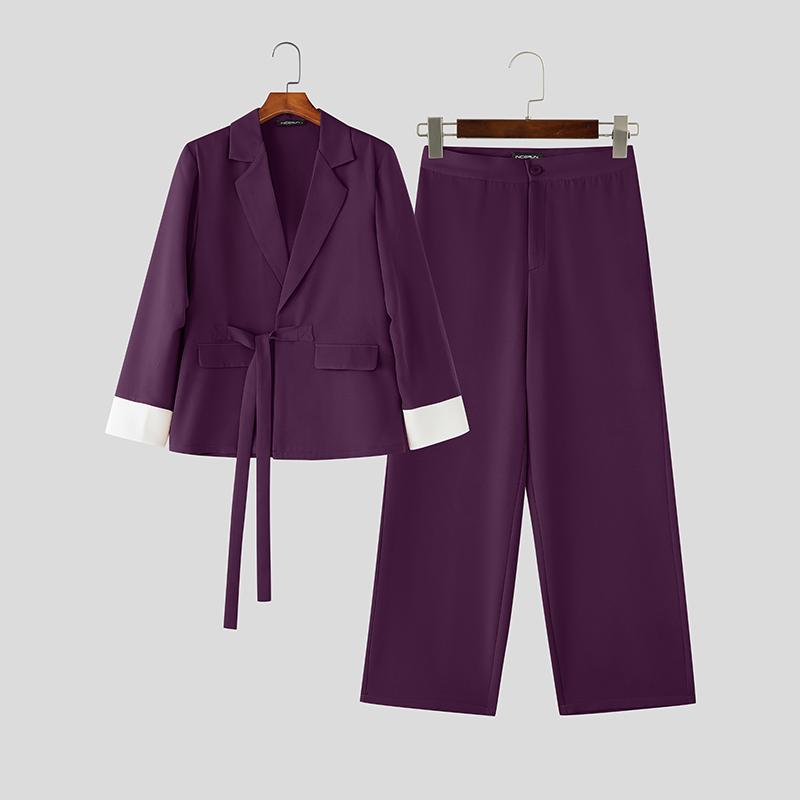 INCERUN Two Pieces Men Long Sleeve Lace-up Thin Blazer Long Straight Pants Loose Sets