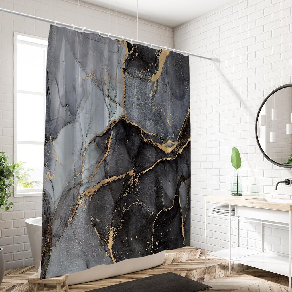1 Piece of 180x180cm Black Marble Pattern Digital Printing Shower Curtain Partition Bathroom Waterproof and Mold Resistant