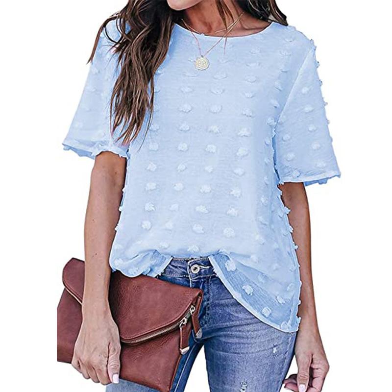 Women's New Summer Style Women's Chiffon Jacquard Fur Ball Double Layer Short-sleeved Fashion Top