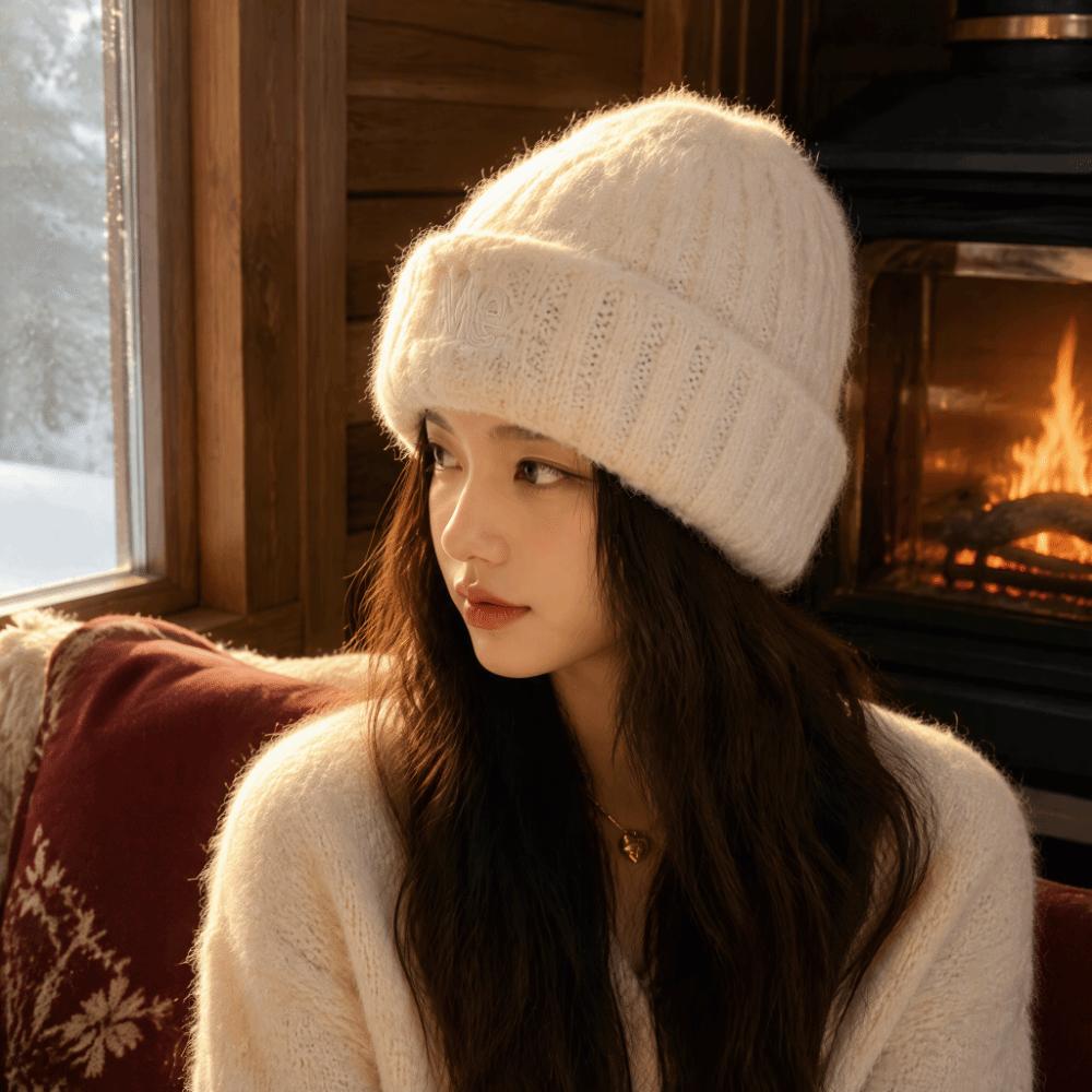 Embroidered Letters Winter Beanie Hat Solid Color Warm Hat Stylish Pullover Hat  For Women