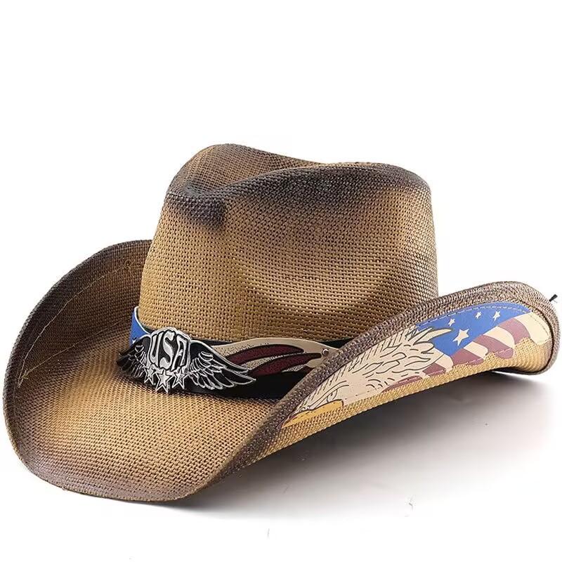 Popular American USA men's and women's stiff retro equestrian hats printed big eaves western cowboy straw hats