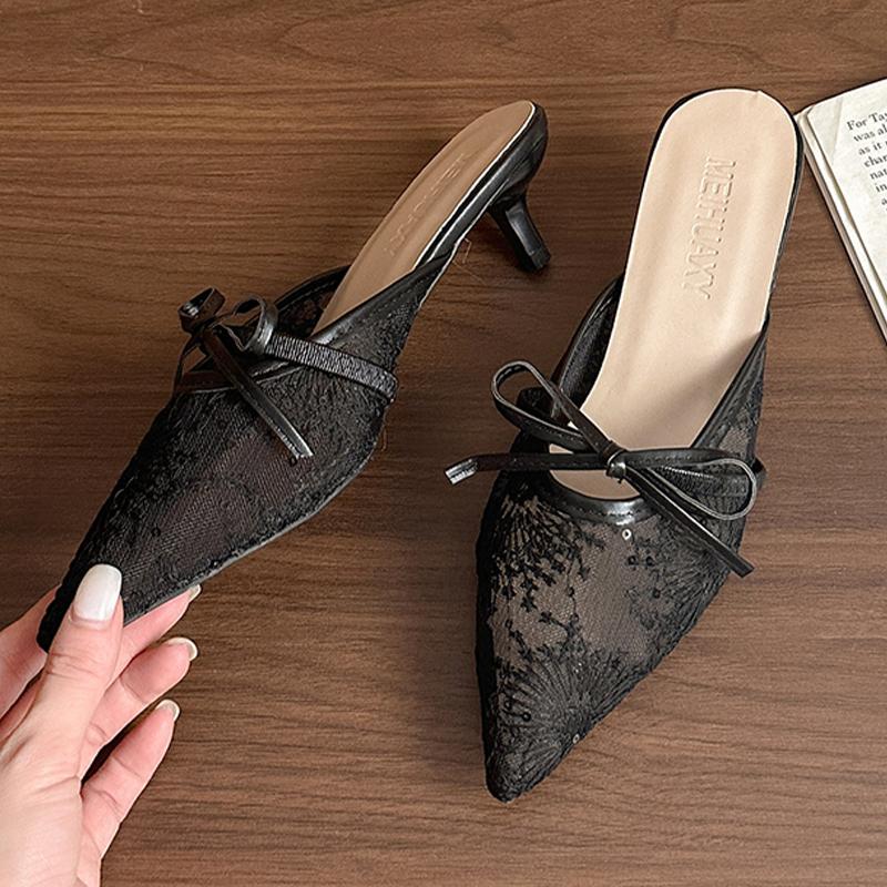 Fashion Bow Women Slippers Pointed Toe Fashion Mules Shoes Elegant Sexy Woman Sandals 2025 Summer Slingback Pumps Luxury Zapatos Mujer