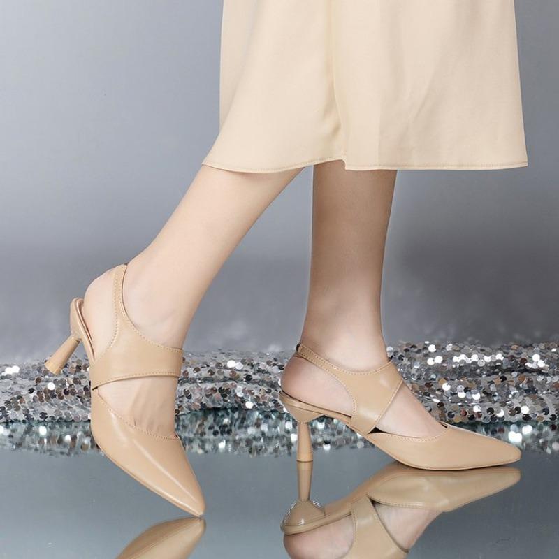 2026 Korean version pointed toe mid heel shallow mouth sandals with back strap low cut women shoes simple  sexy women's sandals