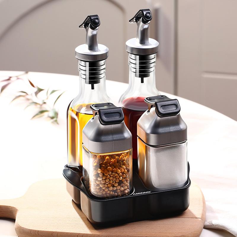 Oliere e Saliere con Base per Olio(Set di 5), Set da cucina per principianti, imbuto gratuito, flaconi dispenser per olio in vetro antigoccia, shaker in vetro