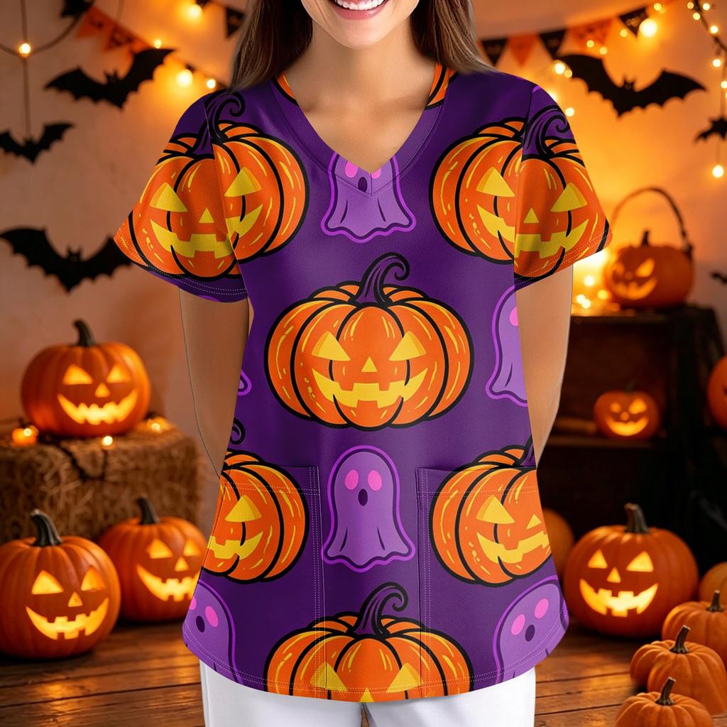 Women V Neck Short Sleeve Scrub Top with Halloween Print Loose Fit Nursing Uniform with Pockets for Healthcare Work