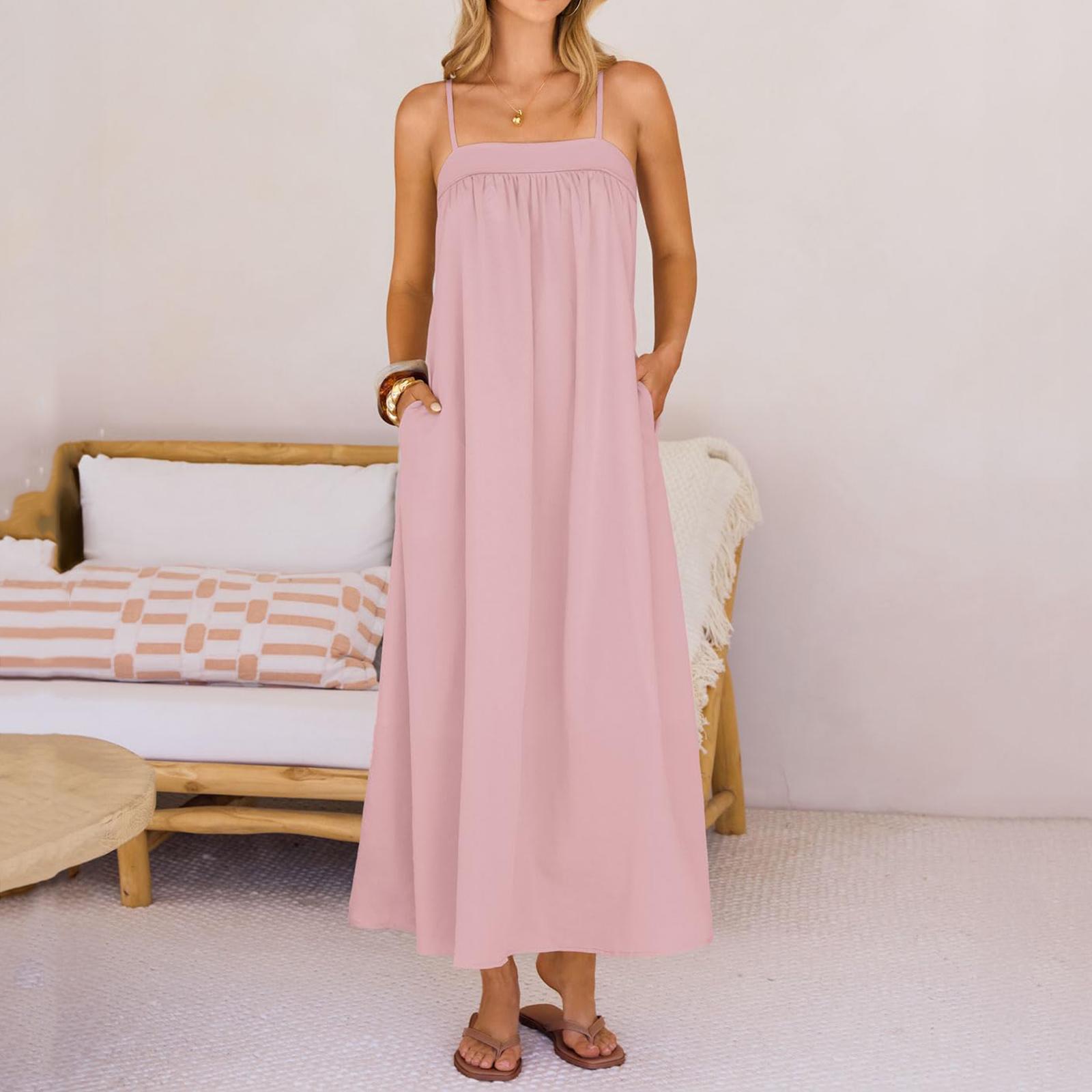 

Women s Long Dress Sling Linen Sun Dress Casual Beach Holiday Long Dress XL рожевий