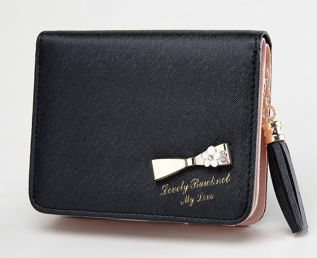 PU Mini Ribbon Cute 151124 [Fair Fairy] Women's Bi-fold Wallet, Leather, Wallet, Design, Gift, (Black)