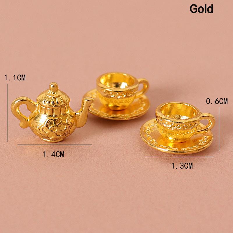 

1Set 1:12 Dollhouse Miniature Teapot Cup Saucer Metal Tea Set Dining Table Model Decor Toy Doll House Accessories золотой