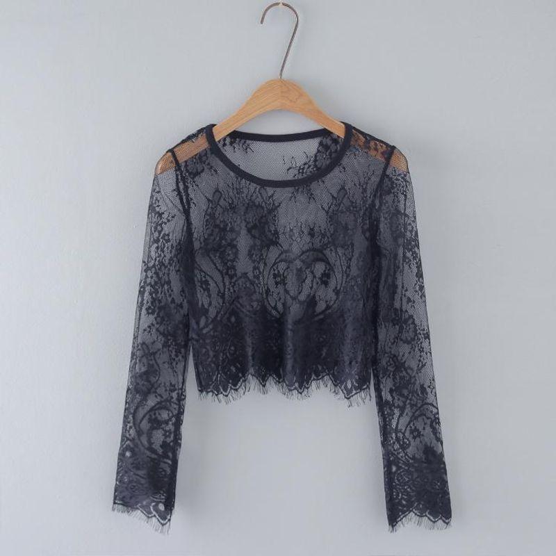 

Элегантная тюлевая рубашка с кружевом, тонкая прозрачная сетка, крючком, с вырезами, сексуальный французский стиль, короткий топ, кружево с ресничками Black Collar Long sleeves 2XL