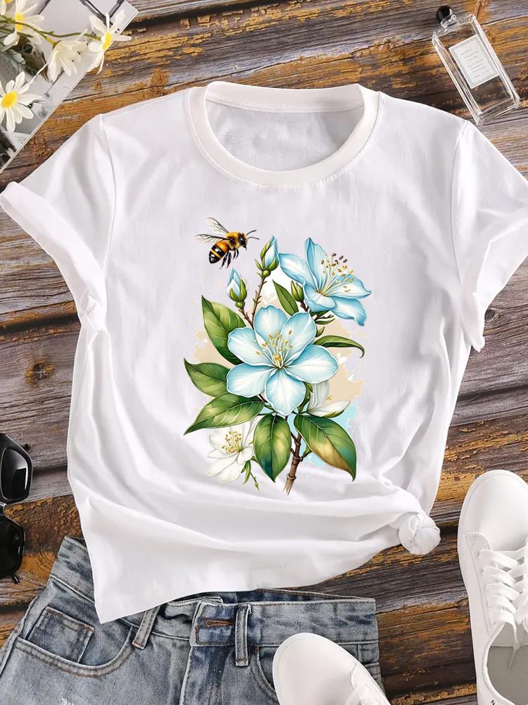 

(Asian Size) sweet flower cute o-neck T Shirt Printed Female Top Lady Clothing Casual Fashion Women Graphic Tee Short Sleeve T-shirts S