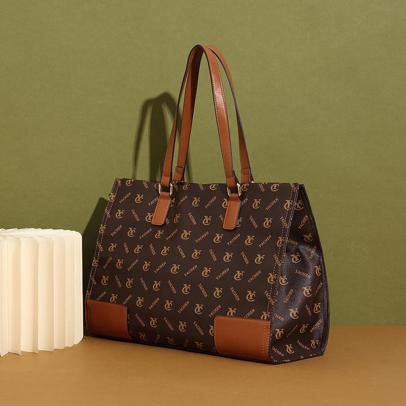 

Large capacity portable tote bag summer new printed shoulder bag fashionable versatile old flower retro hand carry women s bag темно-коричневого