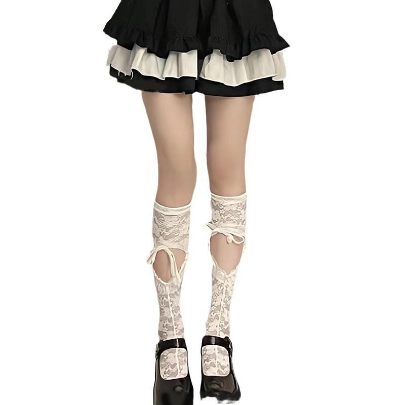 Hollow Love Drawstring White Medium Tube Socks Children'S Summer Thin Trendy Sweet Japanese Lace Calf Socks Bow