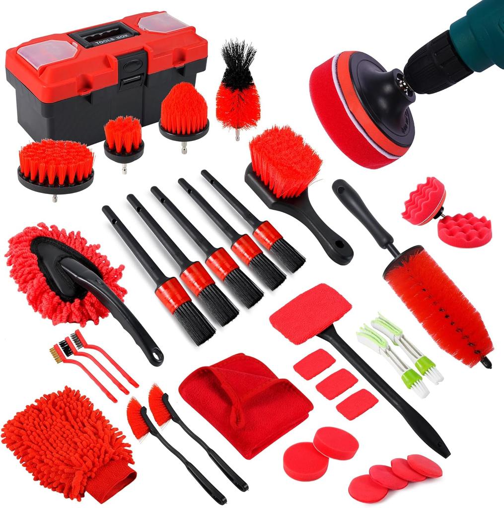 35Pcs Car Detailing Kit, Drill Brush Attachments with Detailing Brush Set and Tools Box, Red Auto Cleaning Kit Interior for Wheels Dashboard Windows