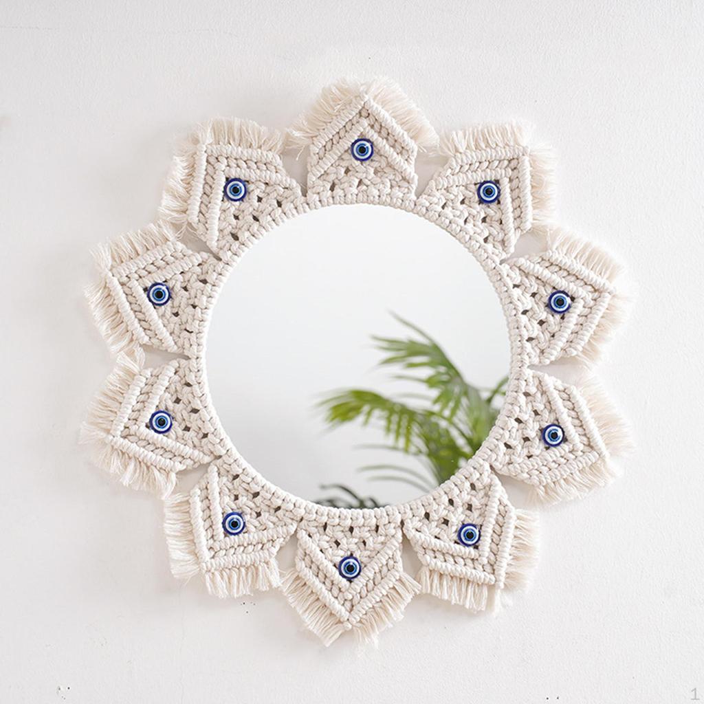 Hanging Wall Mirror Macrame Fringe Decorative Circle Makeup Nursery Decor Boho