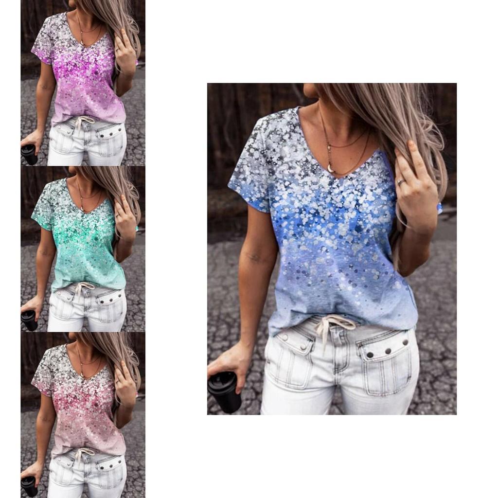 Elegante Damen V-Ausschnitt Kurzarm Blumenmuster Oberteile T-Shirt Für Freizeitkleidung