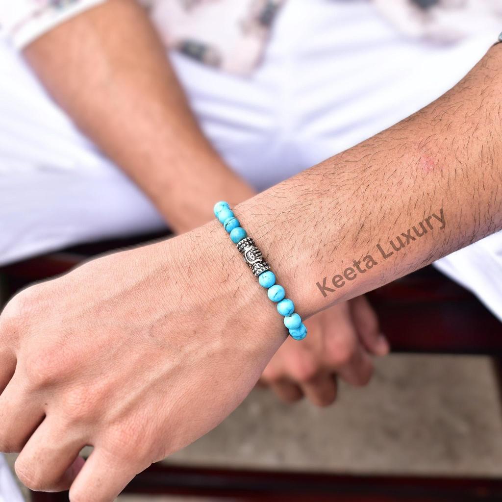 Natural Turquoise Gemstone Bead Bracelet Turquoise Celtic Symbol Beaded Jewelry Tree of Life Charm Stretchable Handmade Charm Bracelets