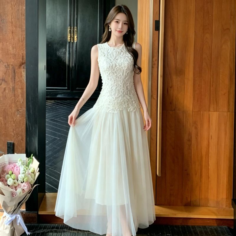 French Sweet Sleeveless Vest Dress Women's Summer Gentle Wind Lace Splicing Waist Mesh Fairy Long Skirt