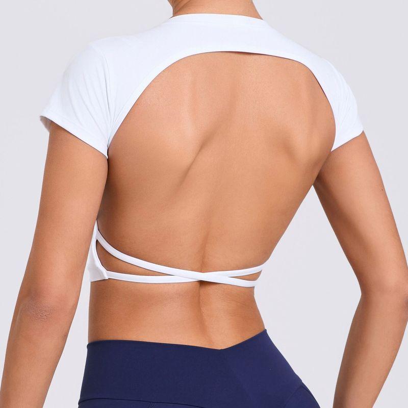

Summer European and American Backless Quick-Drying Brushed Tight Sports Short Sleeve with Chest Pad Outwear Fitness Yoga Short Sleeve Top Women Angel White [with Chest Pad] L