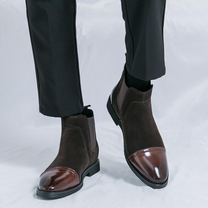 Fashion Winter New Men's Pointed Mixed Patchwork Slip On Ankle Boots British Designer Botas Trend Casual High-tops Shoes Zapatos Hombre