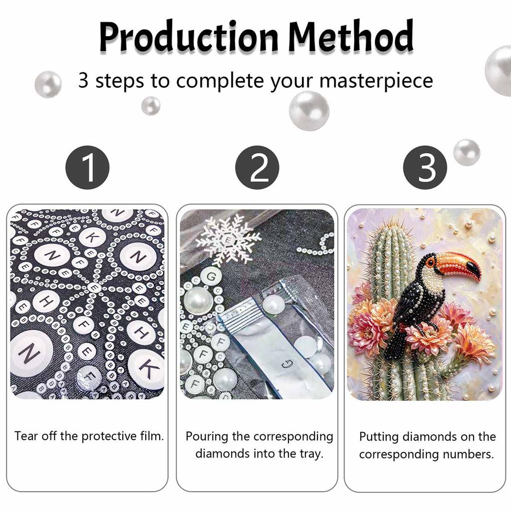 Relaxing DIY Pearl Painting Kit Framed with Toucan Cactus Design 5D Sparkling Bead Canvas Craft for Girls Bedroom Decor Art Gift