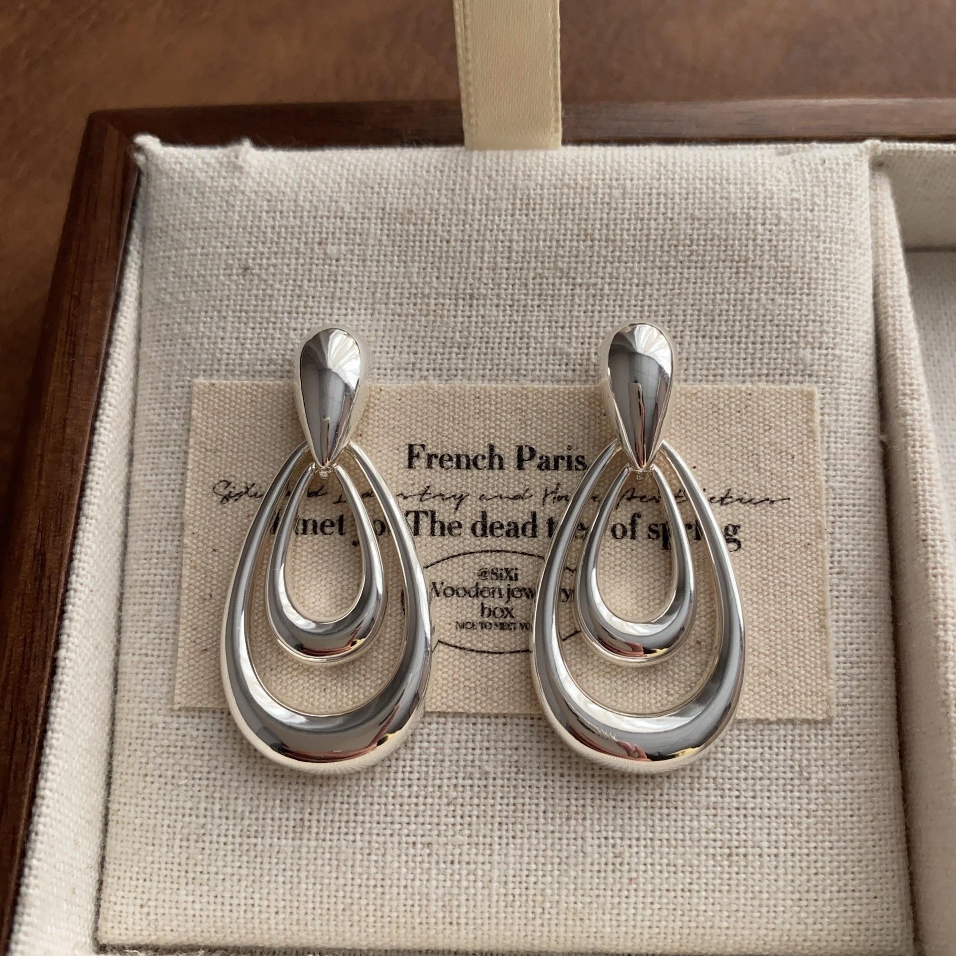 Metal double ring water drop hollow stud earrings simple earrings earrings