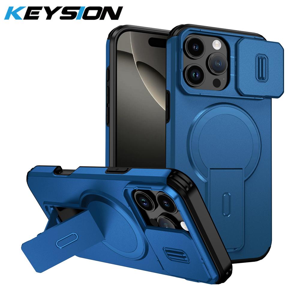 KEYSION Shockproof Magnetic Case for iPhone 16 Pro 16 Pro Max Slide Camera Protect Kickstand Wireless Charging Phone Back Cover