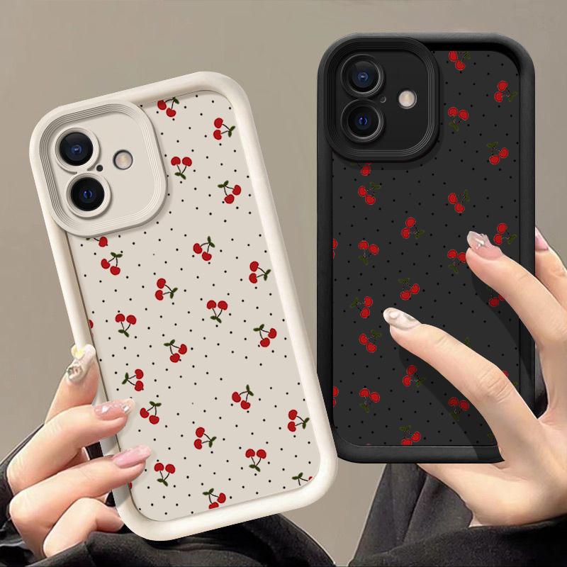 Little Cherry Pattern TPU Soft Matte Phone Case For iPhone 16 Pro Max 15 Pro 14 13 12 11 XR XS Shockproof Lens Protection Bumper Cover