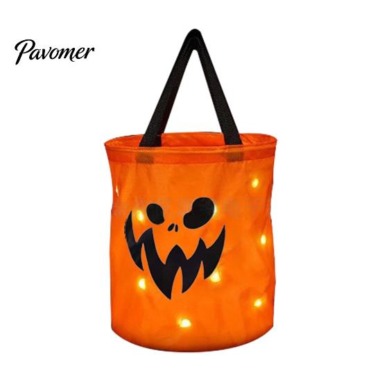 Durable Fabric Pumpkin Treat Bag Glowing Candy with LED Lights, Reusable Halloween Trick or Pail Tote for Kids, Handbag Party Favors Light Up