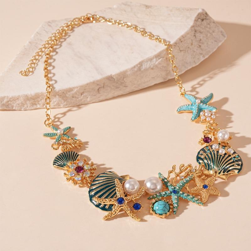 Star Shell Coral Rhinestone Chain Necklace for Women Boho Jewelry Accessories