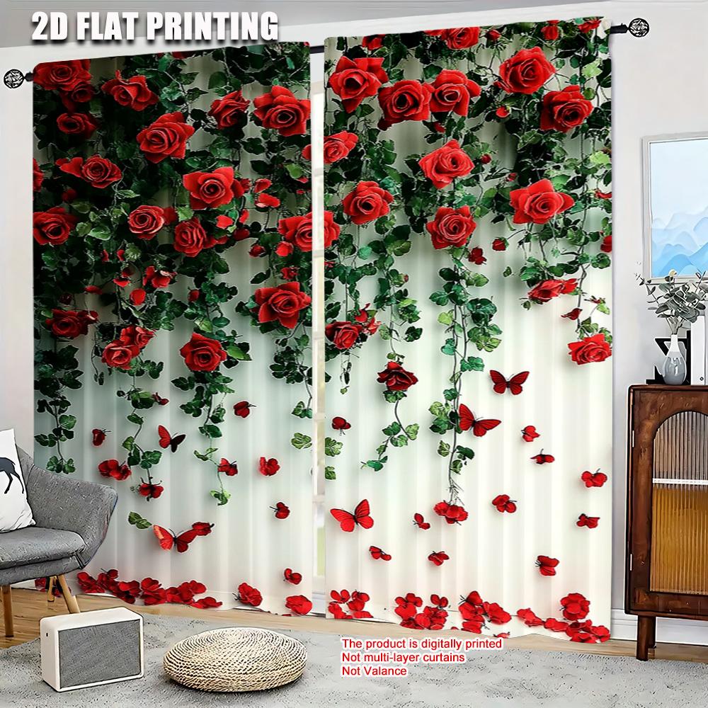 2pc,   Curtains Red Rose Durable 100% Polyester Fabric,Without Electricity Party Decorations Suitable for Daily Home Decoration