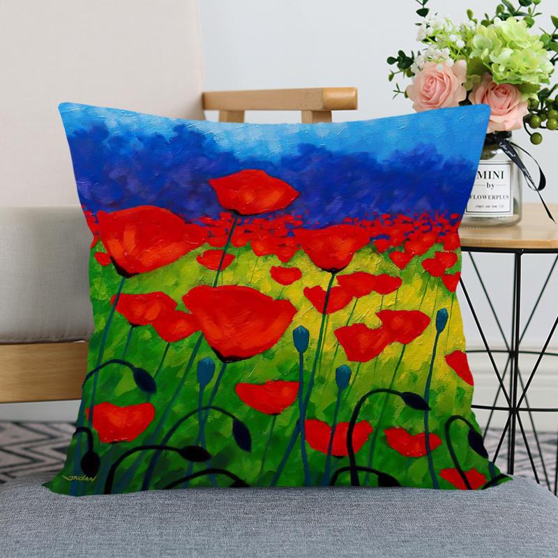 Red Poppy Flower Print Pattern Pillow Case Home Living Room Sofa Bedroom Decoration Soft Throw Square