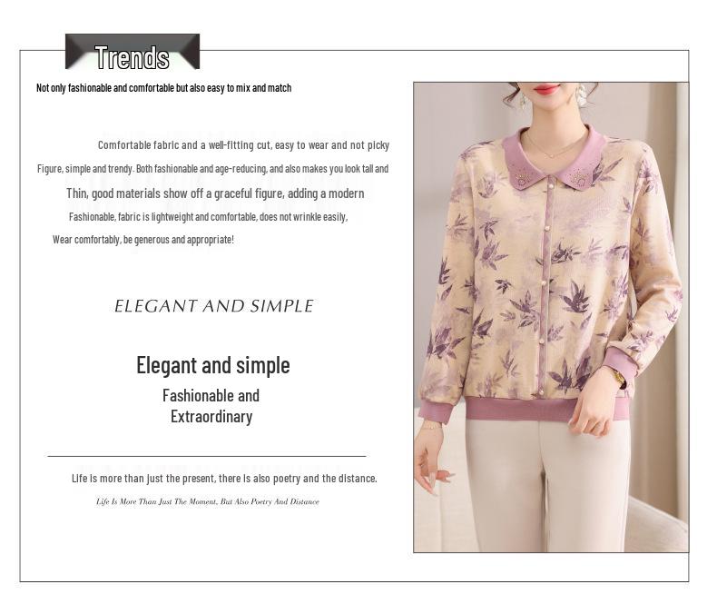 Elegant Floral Long-Sleeve T-Shirt for Middle-Aged & Elderly Women - New Chinese Style Top