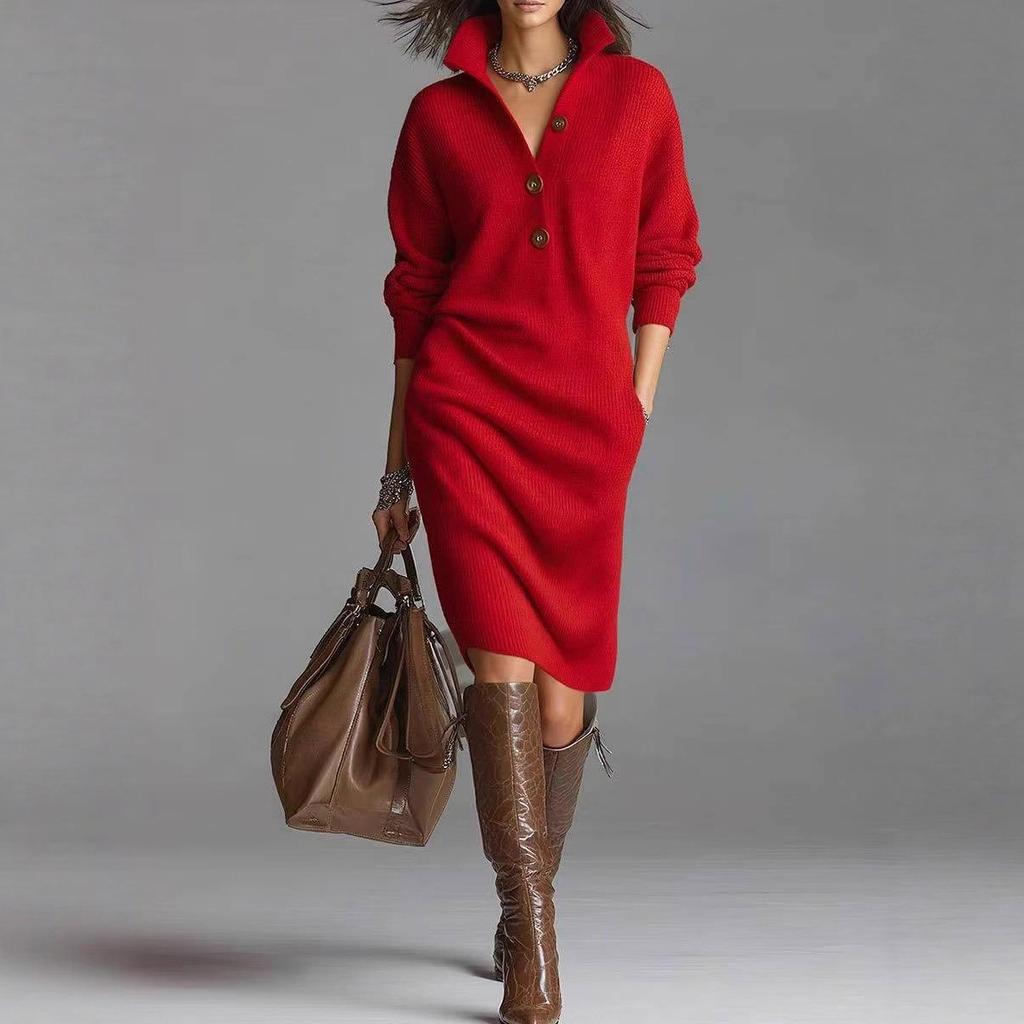 Autumn Casual Button Loose Straight Knitting Mid-Length Sweater Dresses Women's Fashion Lapel Long Sleeve Pocket Party Dress