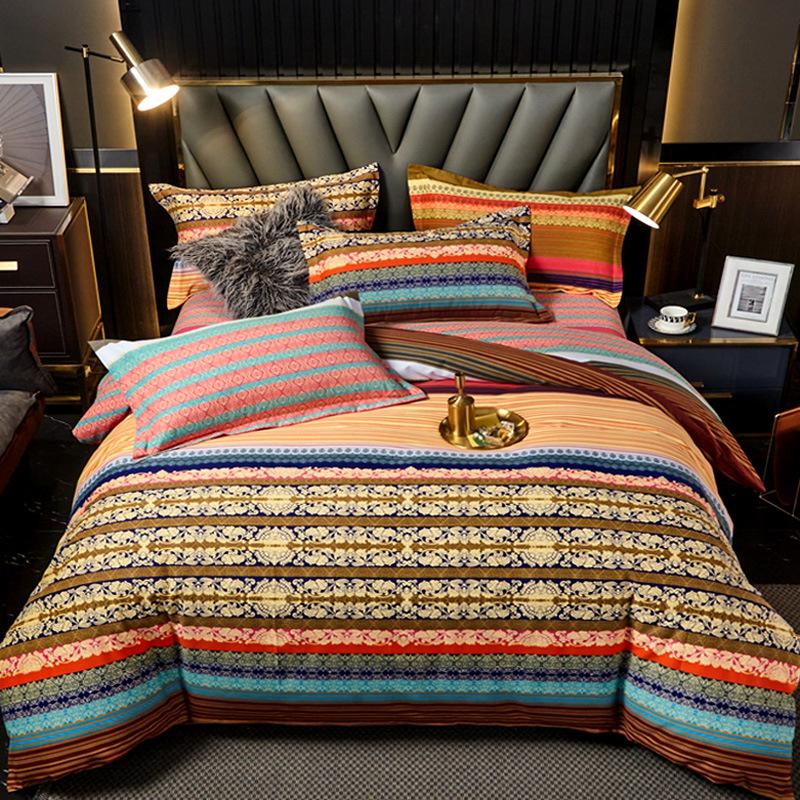 Set din patru piese din bumbac îngroșat și abradat, husă de pilota cu imprimeu, din bumbac pur, de lux, ușoară, cu abraziune, set de cearșaf de pat 4 piese