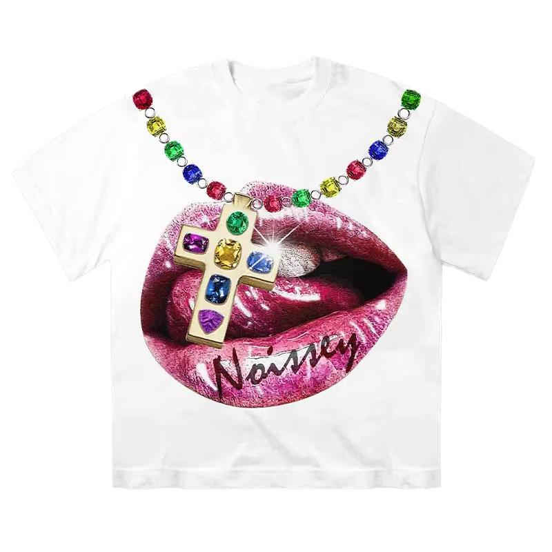 Labbra Chic Denti Dorati Vintage T-shirt Rock Goth Casual Estiva Manica Corta High Street Oversize T-shirt Harajuku Stampa Grafica