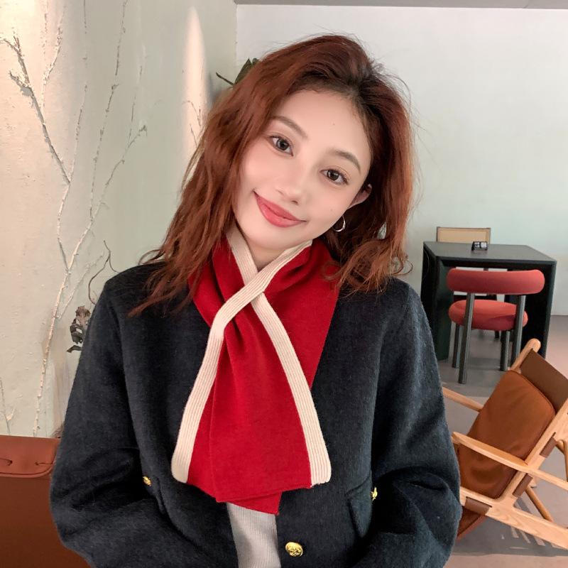 Autumn and Winter Scarf High End New Imitation Wool Short Warm Neck Protection Cross Scarf Woolen Knitted Scarf